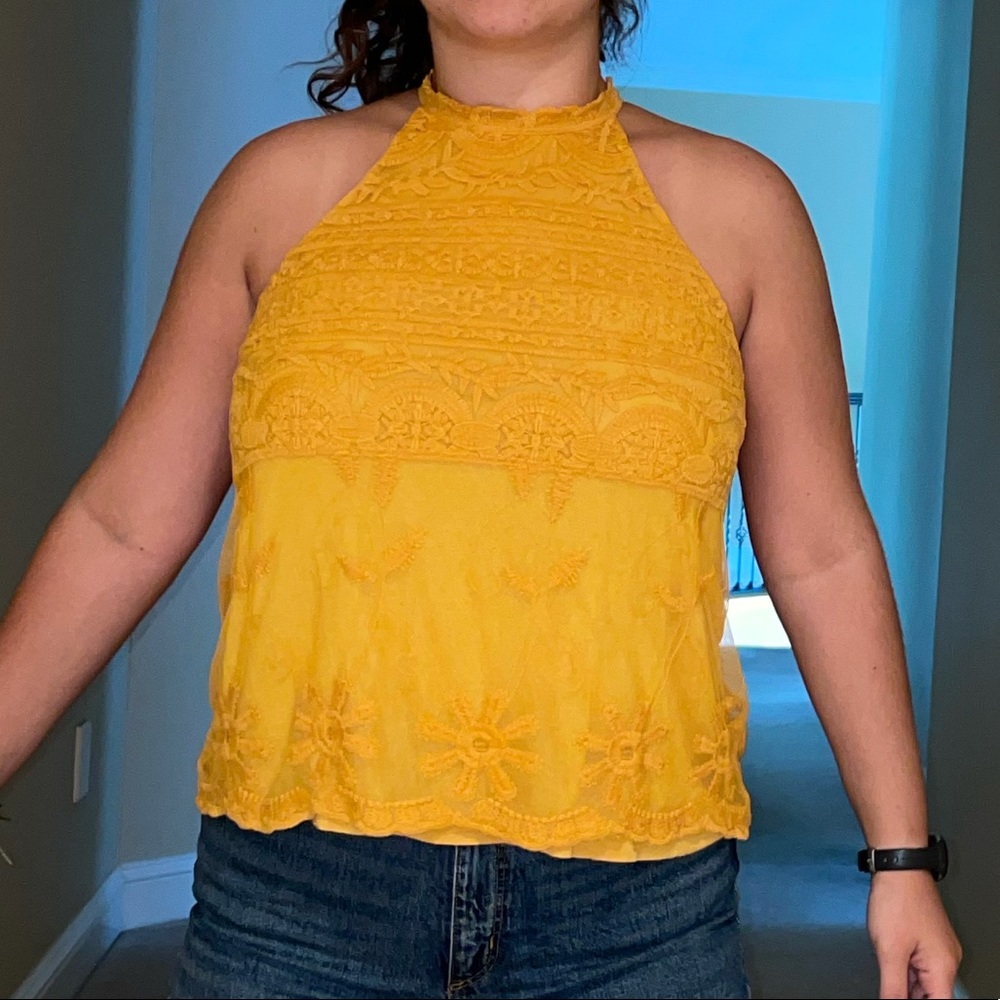 Alya Yellow Lace High Neck Tank Top M